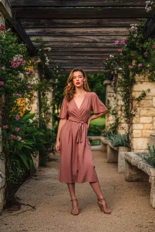 A woman in a dusty rose midi-length dress with a flutter-sleeve wrap top and low block heels, posing under a pergola wrapped in summer florals