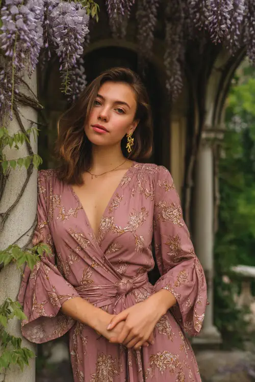 A woman in a dusty rose wrap dress with vintage-style floral prints and gold earrings, posing near an arched trellis covered in hanging wisteria 