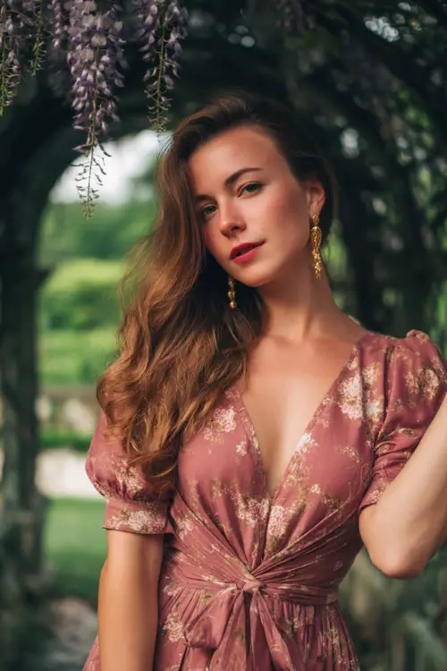 A woman in a dusty rose wrap dress with vintage-style floral prints and gold earrings, posing near an arched trellis covered in hanging wisteria