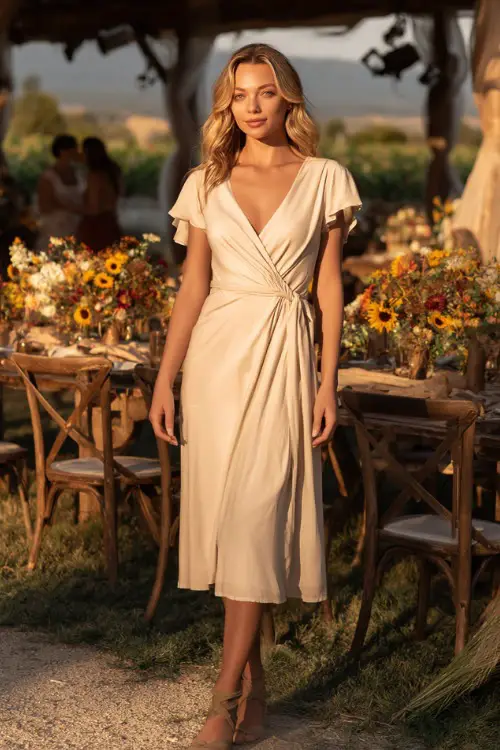 A woman in a light beige midi wrap dress with flutter sleeves and strappy sandals, standing near a rustic wedding setup with wildflowers and wooden chairs