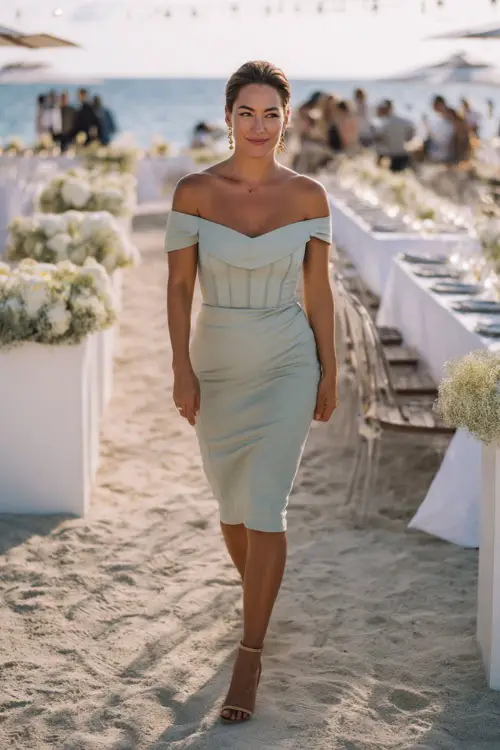 A woman in a light sage green off-the-shoulder dress with a structured bodice and heels, walking past white floral centerpieces at a beachside rehearsal dinner