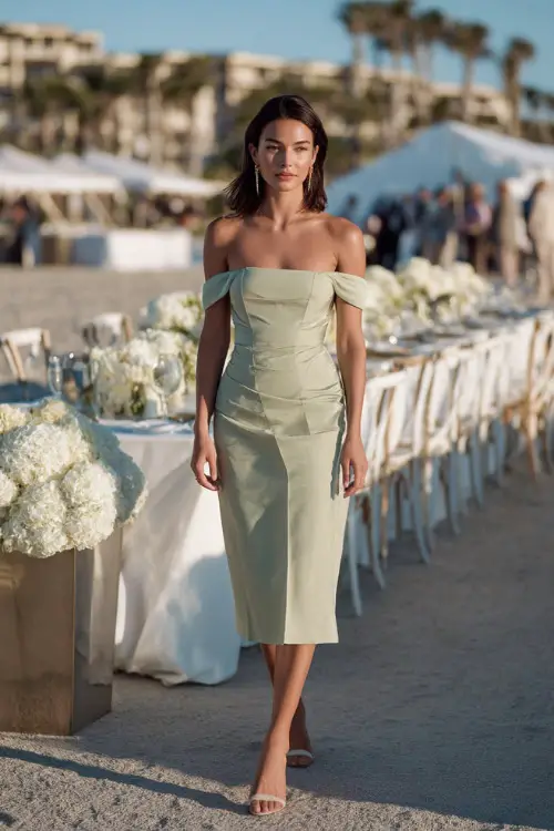 A woman in a light sage green off-the-shoulder dress with a structured bodice and heels, walking past white floral centerpieces at a beachside rehearsal dinner