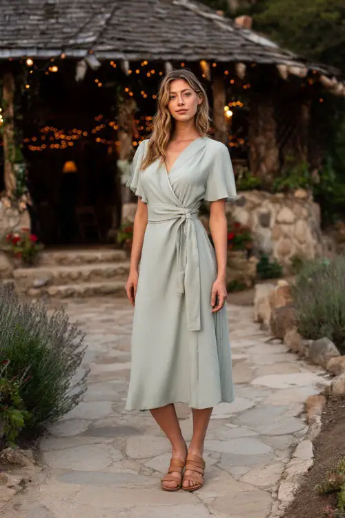 A woman in a light sage green wrap midi dress with flutter sleeves and espadrille sandals, standing on a stone path leading to a rustic outdoor wedding