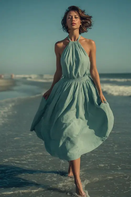 A woman in a light teal midi sundress with a halter neckline and a soft A-line silhouette, walking along the shoreline with a breeze catching the skirt 