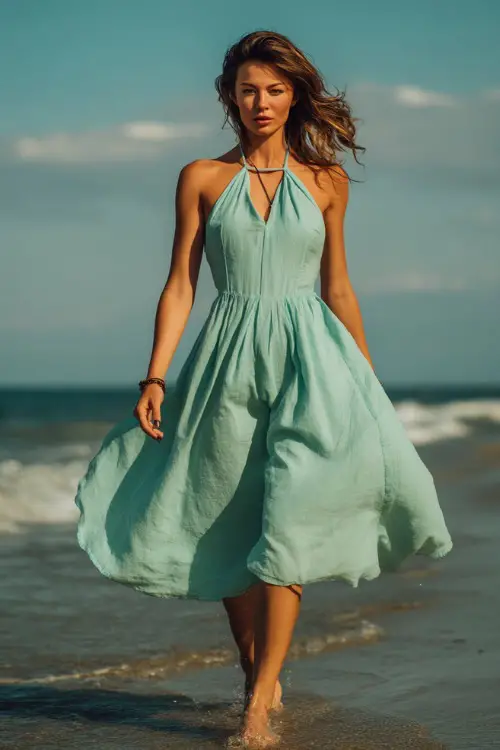 A woman in a light teal midi sundress with a halter neckline and a soft A-line silhouette, walking along the shoreline with a breeze catching the skirt