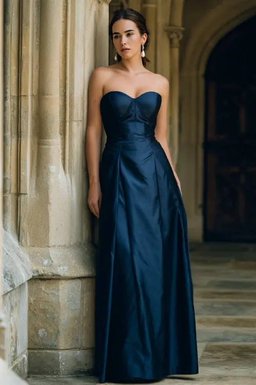 A woman in a navy blue floor-length satin gown with a structured bodice and pearl drop earrings, standing beneath an archway at a grand summer wedding venue 