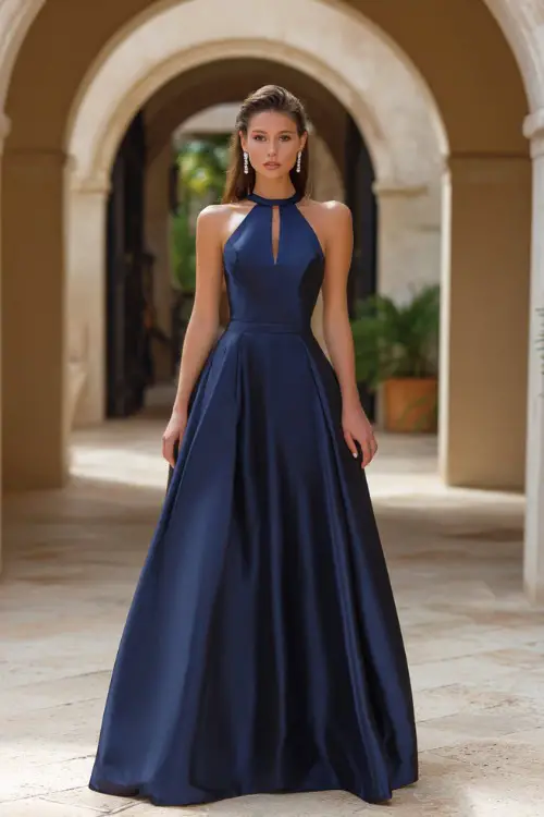 A woman in a navy blue floor-length satin gown with a structured bodice and pearl drop earrings, standing beneath an archway at a grand summer wedding venue 