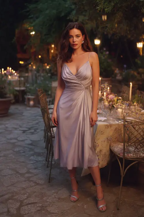 A woman in a pale lavender gown-inspired midi dress with a soft draped neckline and metallic sandals, standing near a garden rehearsal dinner table with candlelit décor