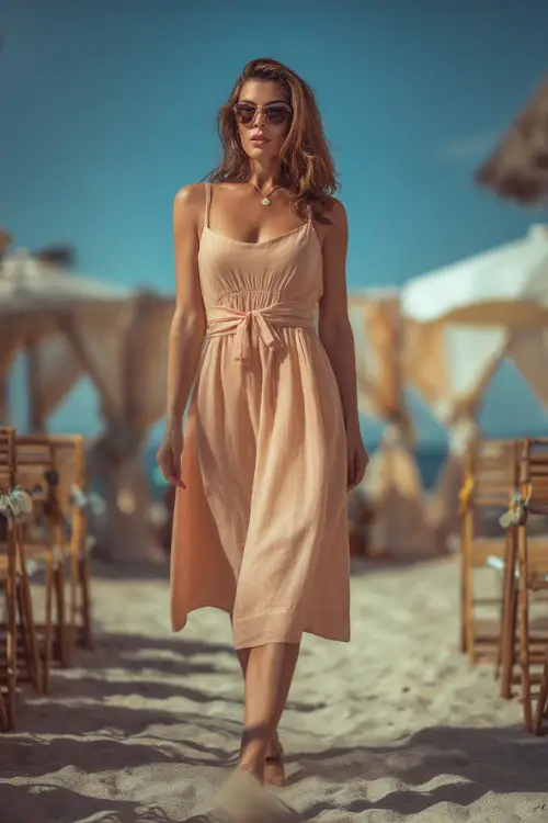 A woman in a pale peach sundress with shoulder ties and a relaxed silhouette, standing on a sandy aisle with beachside chairs and light coastal decor