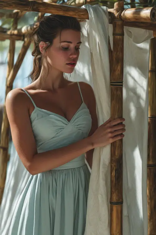 A woman in a pastel blue A-line dress with a sweetheart neckline and breezy hem, standing beside a bamboo altar draped in white linen 