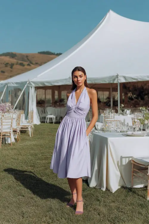 A woman in a pastel lavender smocked midi dress with shoulder ties and flat sandals, standing beside a white tented reception setup on the grass 