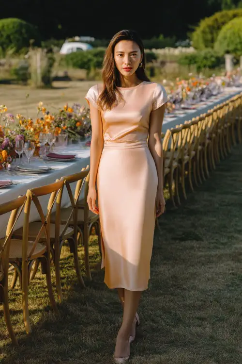 A woman in a pastel peach midi-length satin dress with cap sleeves and low block heels, standing near a long outdoor dinner setup lined with summer florals 