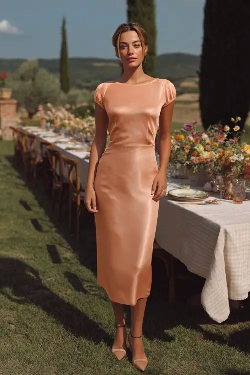 A woman in a pastel peach midi-length satin dress with cap sleeves and low block heels, standing near a long outdoor dinner setup lined with summer florals 