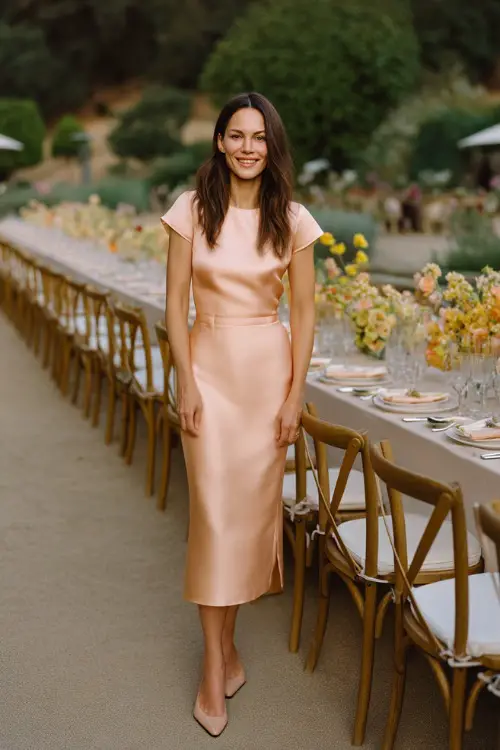 A woman in a pastel peach midi-length satin dress with cap sleeves and low block heels, standing near a long outdoor dinner setup lined with summer florals
