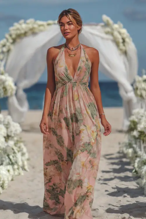 A woman in a pastel pink and green floral maxi dress with a halter neckline, walking barefoot on a beach aisle decorated with white flowers and linen drapes