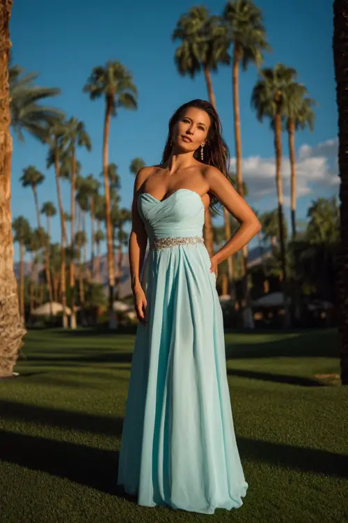A woman in a powder blue floor-length gown with a sweetheart neckline and jeweled waistband, posing beneath tall palm trees at a sunset destination black-tie event