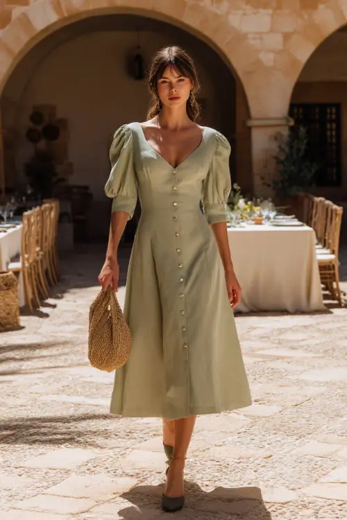 A woman in a sage green cotton midi dress with button-down front and puff sleeves, walking across a sunlit courtyard set for an informal summer ceremony 