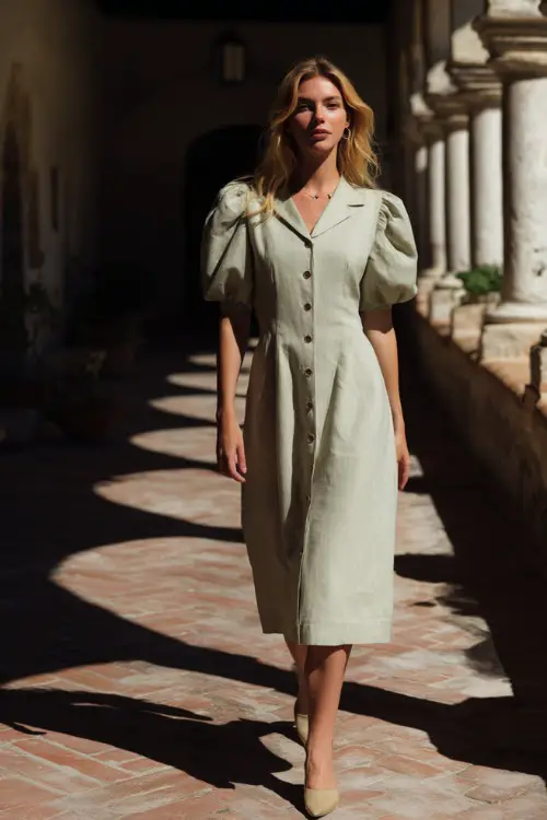 A woman in a sage green cotton midi dress with button-down front and puff sleeves, walking across a sunlit courtyard set for an informal summer ceremony