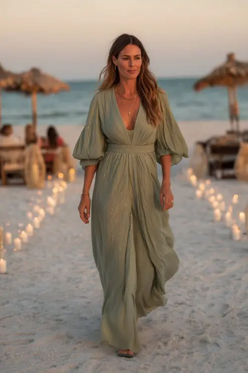 A woman in a sage green floor-length dress with flutter sleeves and subtle shimmer, walking along a candlelit aisle on the beach at sunset 
