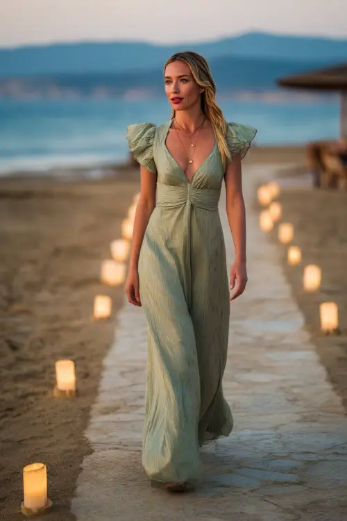 A woman in a sage green floor-length dress with flutter sleeves and subtle shimmer, walking along a candlelit aisle on the beach at sunset