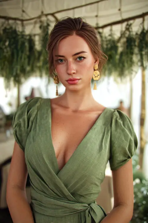 A woman in a sage green wrap dress with short sleeves and gold earrings, standing beneath a white canopy decorated with hanging greenery