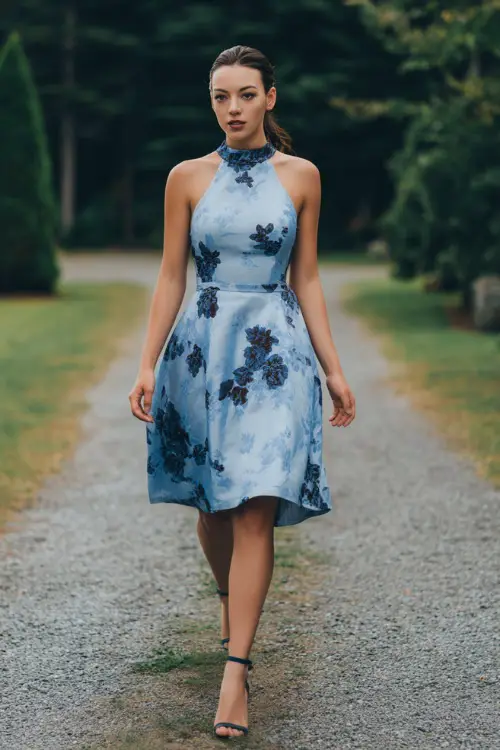 A woman in a sleeveless powder blue A-line dress with navy floral patterns and ankle-strap heels, walking along a gravel path at an outdoor summer wedding 