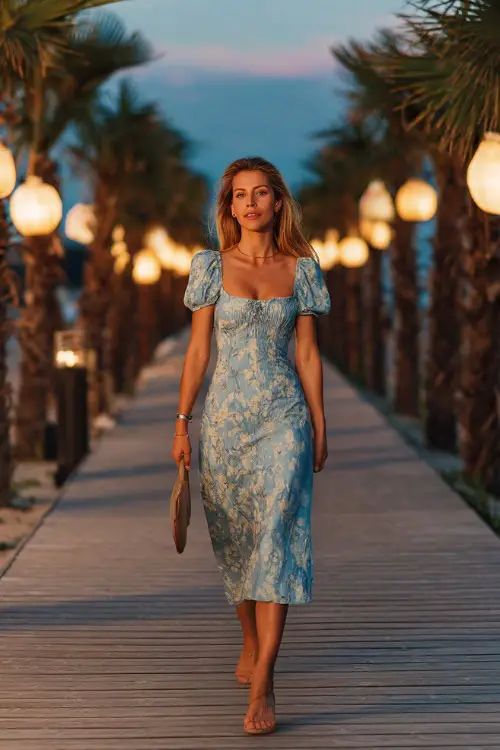 A woman in a soft blue floral midi dress with puff sleeves and flat sandals, walking along a boardwalk lined with lanterns and palm leaves 