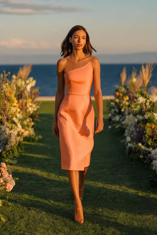 A woman in a soft coral formal midi dress with an asymmetrical neckline and block heels, walking beside floral arrangements at a sunset rehearsal celebration 