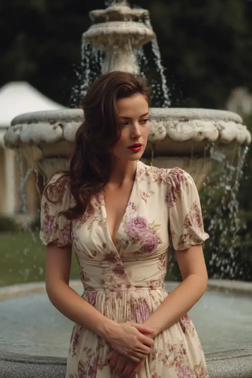 A woman in a soft cream midi dress with soft purple and pink rose prints and a belted waist, standing by a garden fountain at a classy outdoor wedding 