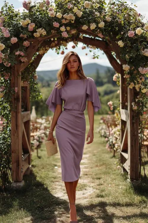 A woman in a soft lavender midi dress with flutter sleeves and a floral clutch, walking beside a wooden arbor covered in roses at a countryside wedding 