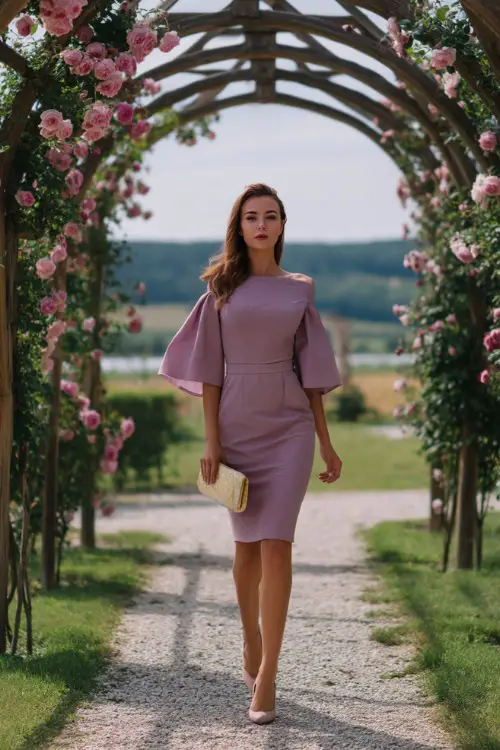 A woman in a soft lavender midi dress with flutter sleeves and a floral clutch, walking beside a wooden arbor covered in roses at a countryside wedding 