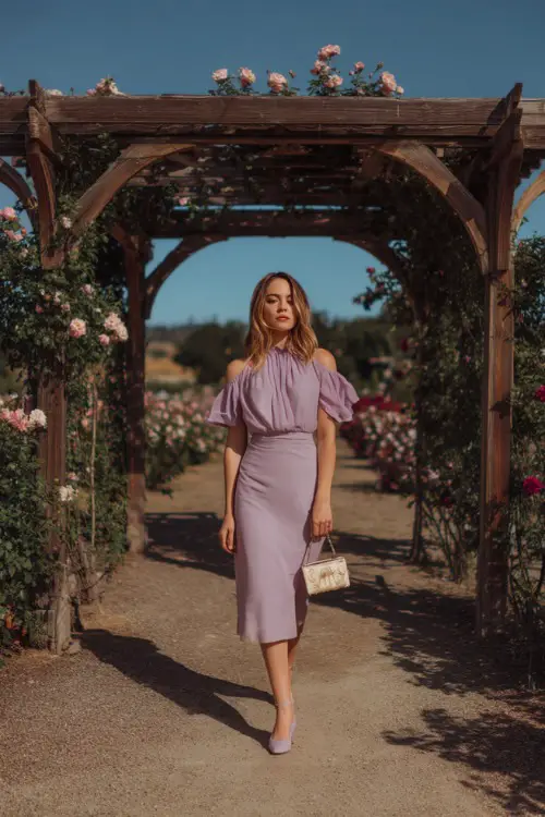 A woman in a soft lavender midi dress with flutter sleeves and a floral clutch, walking beside a wooden arbor covered in roses at a countryside wedding
