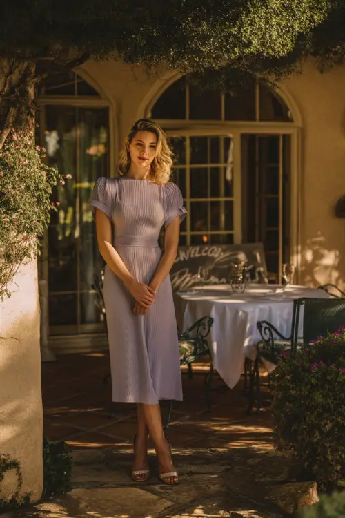 A woman in a soft lavender tea-length dress with short flutter sleeves and strappy heels, standing near a welcome sign at an elegant backyard rehearsal dinner 