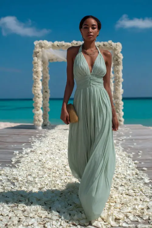A woman in a soft mint green Grecian-style gown with a pleated silhouette and gold clutch, standing at a tropical beachfront altar surrounded by white rose petals 