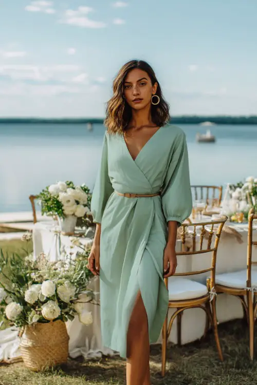 A woman in a soft mint green wrap dress with a belt and woven sandals, standing beside a lakefront wedding setup with white florals and chairs 