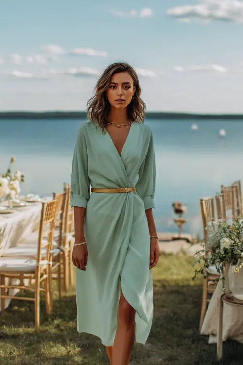 A woman in a soft mint green wrap dress with a belt and woven sandals, standing beside a lakefront wedding setup with white florals and chairs 