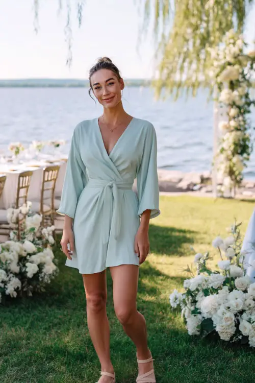 A woman in a soft mint green wrap dress with a belt and woven sandals, standing beside a lakefront wedding setup with white florals and chairs