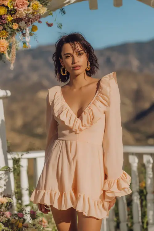 A woman in a soft peach ruffle-hem dress with flutter sleeves and gold hoop earrings, standing near a white ceremony arch surrounded by wildflowers 