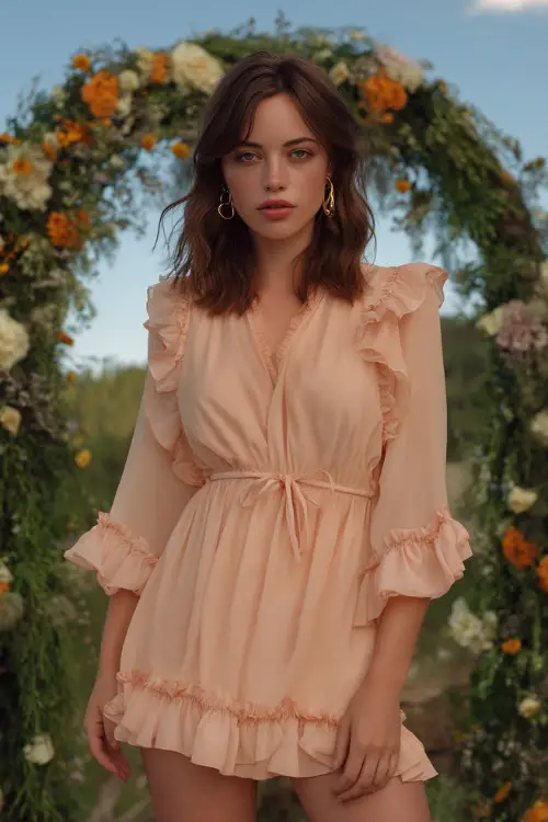 A woman in a soft peach ruffle-hem dress with flutter sleeves and gold hoop earrings, standing near a white ceremony arch surrounded by wildflowers 