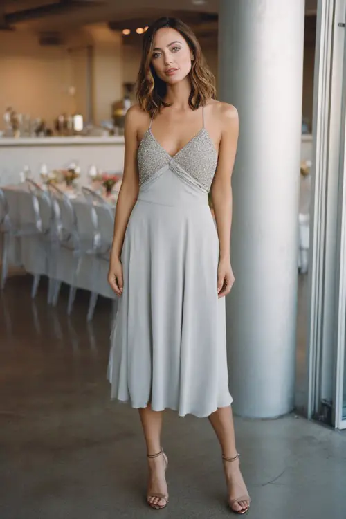 A woman in a soft silver midi dress with a beaded neckline and light chiffon skirt, standing near a modern rehearsal dinner space with clean minimalist décor 