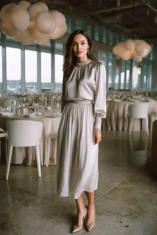 A woman in a soft silver midi dress with a beaded neckline and light chiffon skirt, standing near a modern rehearsal dinner space with clean minimalist décor 
