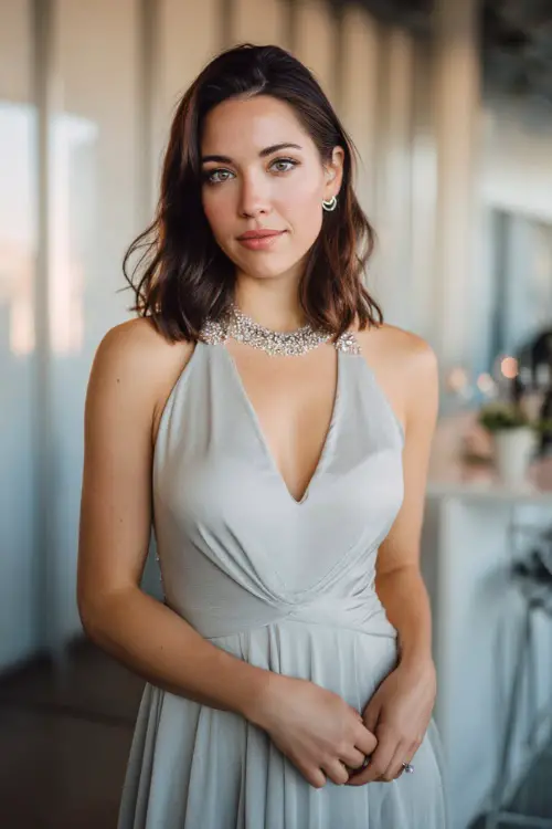 A woman in a soft silver midi dress with a beaded neckline and light chiffon skirt, standing near a modern rehearsal dinner space with clean minimalist décor 