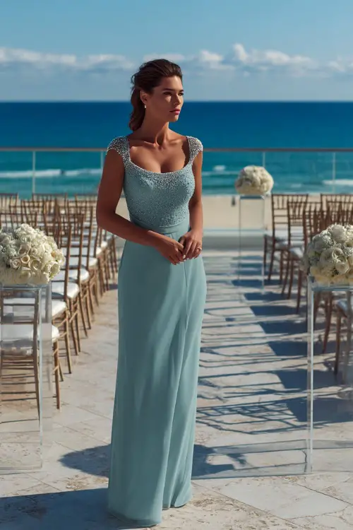 A woman in a soft teal gown with cap sleeves and a beaded neckline, standing on a tiled terrace overlooking a formal beach wedding setup