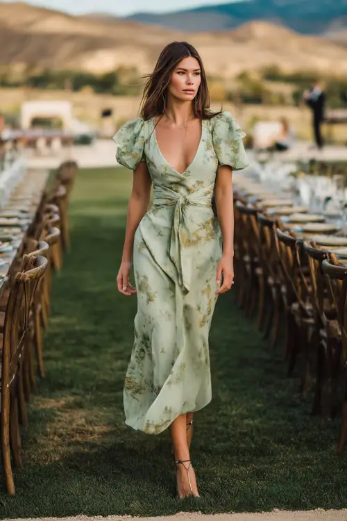 A woman in a tea-length pastel green dress with watercolor floral patterns and flutter sleeves, walking past long reception tables set in a countryside venue 