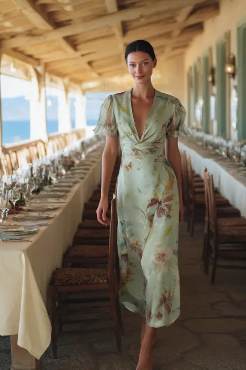 A woman in a tea-length pastel green dress with watercolor floral patterns and flutter sleeves, walking past long reception tables set in a countryside venue