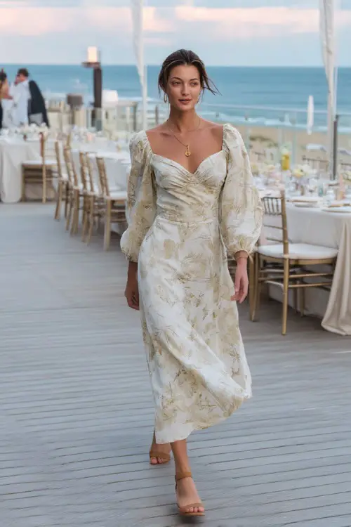 A woman in a white and beige floral-print midi dress with puff sleeves and flat sandals, walking across a breezy deck set for an oceanfront reception