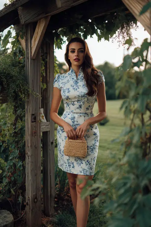 A woman in a white and blue floral A-line dress with cap sleeves and a woven clutch, standing near a wooden arbor decorated with hanging greenery