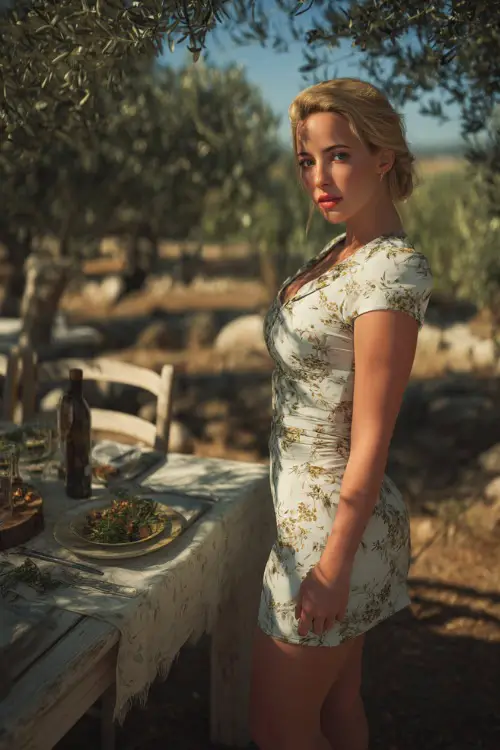 A woman in a white and gold floral print cocktail dress with cap sleeves and a cinched waist, posing beside a rustic table setup under olive trees 