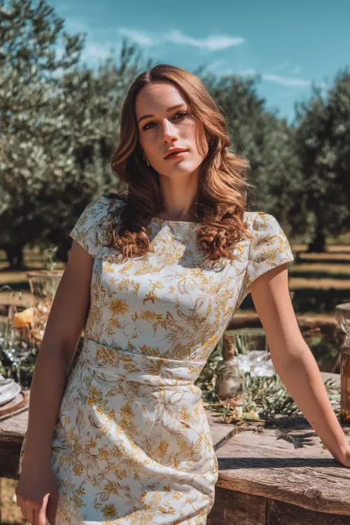 A woman in a white and gold floral print cocktail dress with cap sleeves and a cinched waist, posing beside a rustic table setup under olive trees 