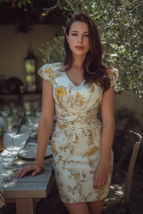 A woman in a white and gold floral print cocktail dress with cap sleeves and a cinched waist, posing beside a rustic table setup under olive trees